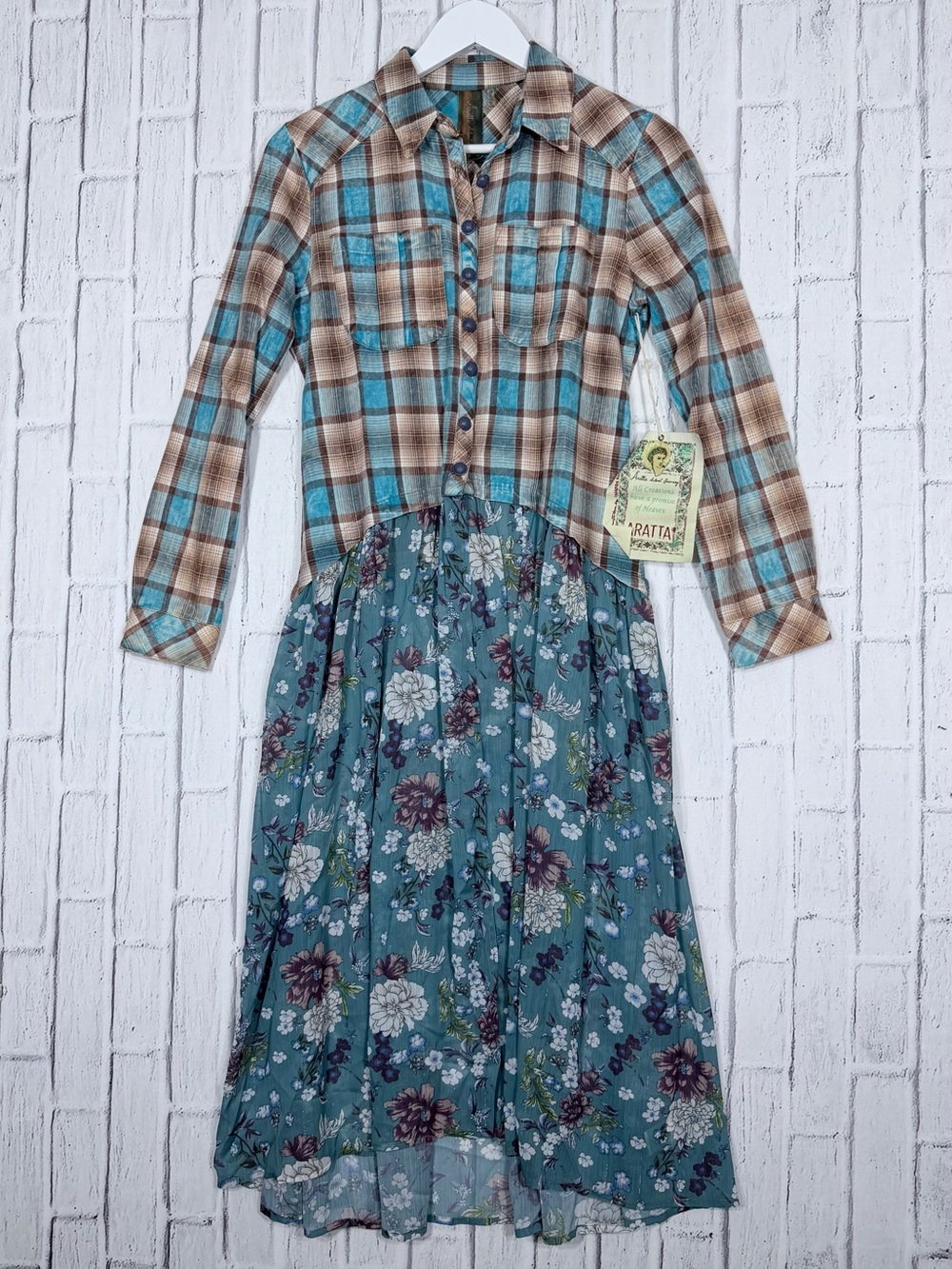 🌸 Aratta Mixed Plaid Floral Midi Shirt Dress NWT XS